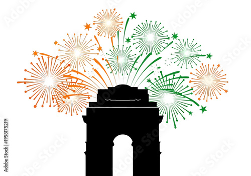 India Gate Monument Silhouette with Fireworks Display.