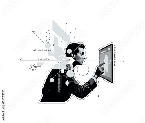 artist interacting with AI interface, geometric arrows circles and abstract shapes emphasizing collaboration and inspiration, black and white retro realistic