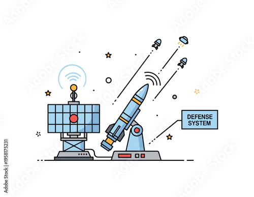 Missile defense system at base radar unit connected to a defensive missile launcher while signal lines show tracking of incoming threats. A small label Defense