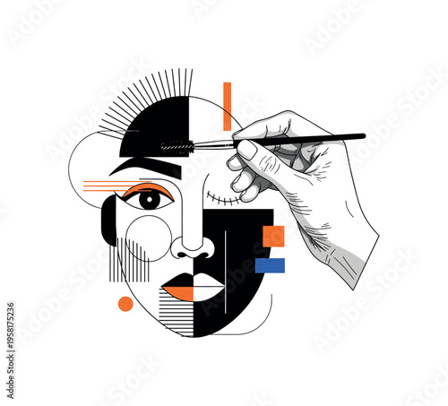 hand holding eyebrow brush over geometric abstract face abstract semicircles lines and geometric blocks symbolizing beauty technique black and white retro hand