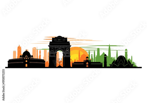 Iconic Delhi India Skyline Silhouette with India Gate and Government Buildings.