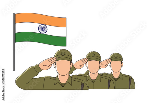 Indian soldiers saluting the national flag with pride and respect.