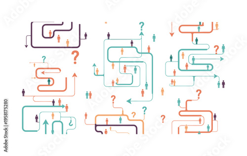 decision making labyrinth winding maze lines tiny figures arrows and question symbols illustrated as conceptual motifs, flat vector smooth rounded geometry,