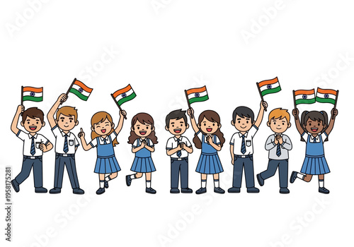 Diverse group of Indian school children celebrating Independence Day with flags.