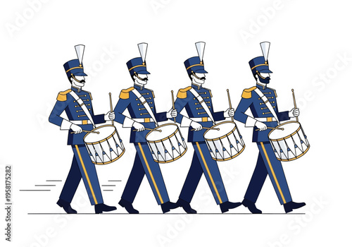 Four drummers in uniform marching in a line.