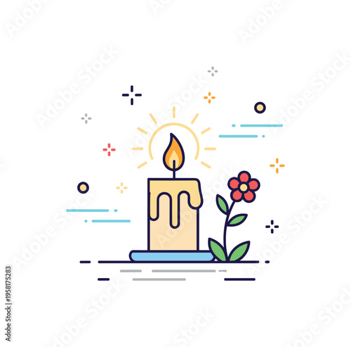 Memorial candle quiet tribute scene with a lit candle, soft glow lines, and a small flower placed beside it symbolizing remembrance and respect. The