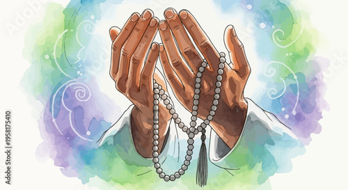 Hands holding prayer beads together.