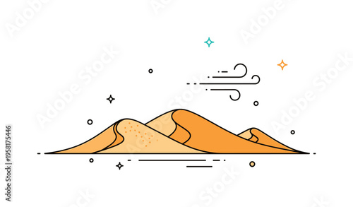 Wind shaped sand dunes elegant curved dune shapes with tiny moving grain icons suggesting the gentle power of wind shaping desert landscapes. The illustration