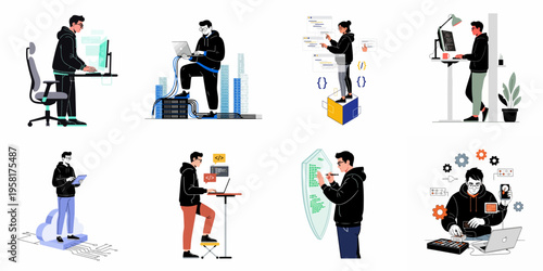 Set of flat illustrations featuring programmers, web developers, and IT specialists working on software, cybersecurity, cloud computing, and server management.