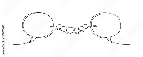 Connecting Thoughts. Minimalistic one-line drawing series of small speech bubbles linking two larger bubbles like a bridge, continuous single black line on