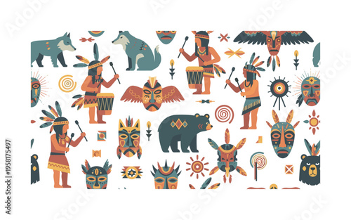 indigenous ritual patterns seamless pattern, shamans drumming, feathers, spirit animals, ceremonial masks and sacred symbols arranged in a repeating pattern,
