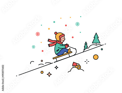First sled ride child carefully sliding down a gentle snowy slope on a small sled while tiny snowflakes sparkle in the air. The scene conveys excitement and