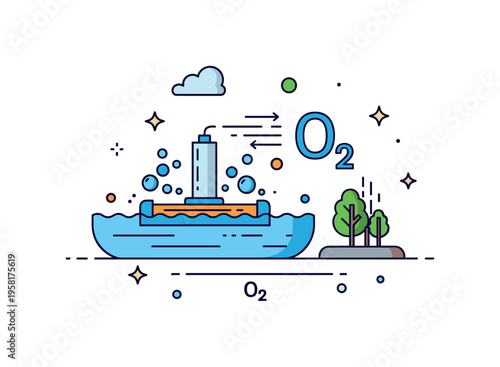Use of aeration devices in a pond to prevent algal growth, with bubbles and oxygen flow depicted, highlighting sustainable environmental management. Minimalist