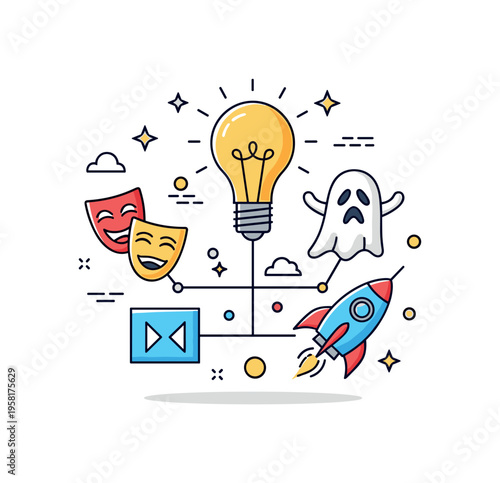 Narrative experimentation concept with a lightbulb idea icon connected to genre symbols like comedy masks, a ghost, and a rocket ship. The