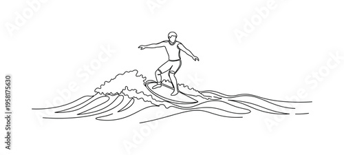Riding the Waves. Minimalistic one-line drawing individual on a surfboard balancing over cresting waves, continuous single black line on white background,
