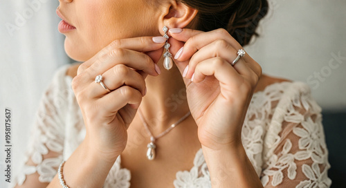 Bride adjusting her pearl drop earrings. Close up of a woman putting on bridal jewelry before the wedding