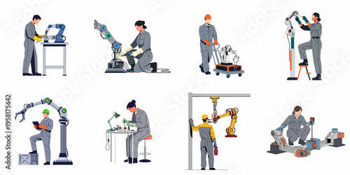 Flat vector illustration set of industrial workers and technicians operating, maintaining, and repairing robotic arms in a modern automated factory environment.