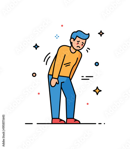 Fatigue posture expression person standing with slouched shoulders and slow body stance while small dots and lines indicate tiredness. The scene highlights