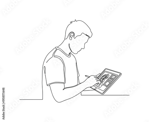 Visual Artist at Work. Minimalistic one-line drawing person focusing on tablet screen while creating detailed digital art, continuous single black line on