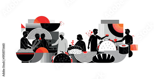 market scene with vendors selling cultural foods abstract semicircles lines and geometric blocks symbolizing culinary tradition and community black and white