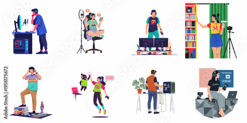 Collection of flat illustrations featuring diverse people engaged in professional gaming, live streaming, and digital content creation activities in various setups.