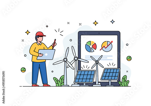 Clean energy innovation a researcher analyzing miniature wind turbines and solar cells beside a tablet with simple energy charts, expressing the pursuit of