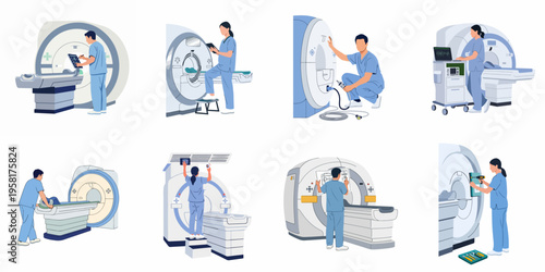 Flat vector illustrations of medical technicians and engineers operating, maintaining, and repairing MRI and CT scan diagnostic equipment in a hospital setting.