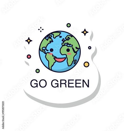 Eco lifestyle sticker design playful rounded sticker with smiling earth icon and short phrase Go Green, capturing youthful sustainable trend aesthetics. A