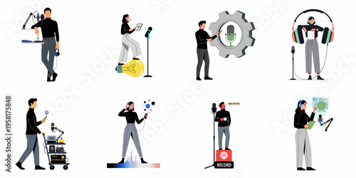 Set of modern flat vector illustrations showcasing characters engaged in podcasting, radio broadcasting, and professional audio recording and production activities.