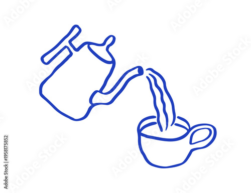 Pouring coffee from kettle into cup, outline sketch, line drawing. Morning drink in doodle Dolce vita style. Hot breakfast beverage, break. Drawn vector illustration isolated on white background