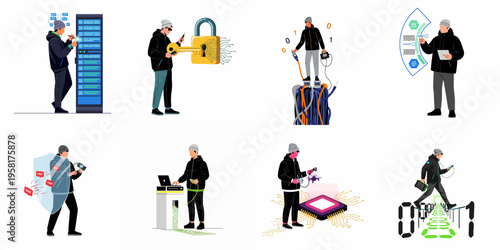 Collection of flat vector illustrations depicting various cybercrime activities, hacking, data theft, and network security breaches by hooded hackers in a digital environment.