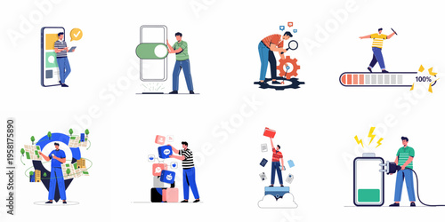 Set of flat vector illustrations depicting people interacting with technology, mobile apps, digital services, data management, and user interface elements.