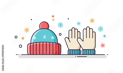 Winter clothing essentials warm hat and gloves arranged neatly with tiny snowflakes and spark elements suggesting frosty outdoor weather and cozy protection.