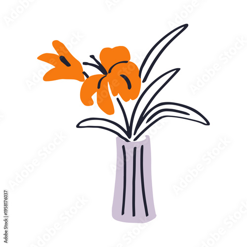 Flower vase. Floral bouquet decoration. Blossoms and leaves, cut spring blooms. Beautiful delicate decor, decorative garden plant. Hand-drawn vector illustration isolated on white background