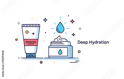 Skin moisture care theme centered on a simple cream jar with a water droplet symbol glowing above it. A gentle ?Deep Hydration? caption reinforces nourishment,
