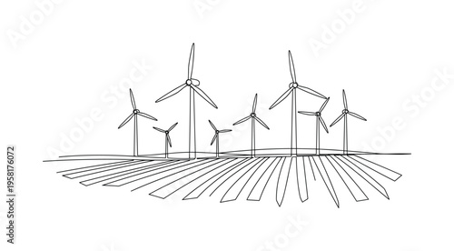 Wind and Crop Synergy. Minimalistic one-line drawing wind turbines integrated into farmland with crop rows beneath, continuous single black line on white
