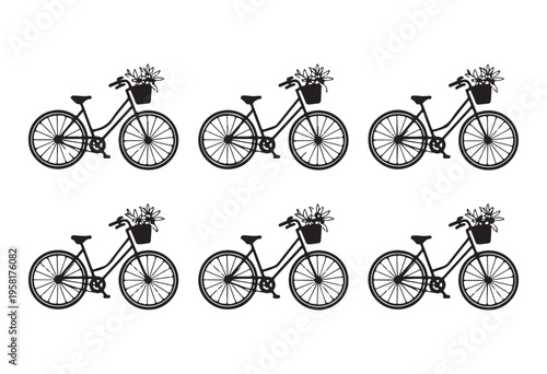 Set of six identical black bicycle illustrations with basket of flowers on white background
