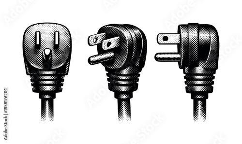 Extension cord plug A grounded extension cord plug with prongs, molded grip, and cable entry shown from front, angled, and side views as a single object set.