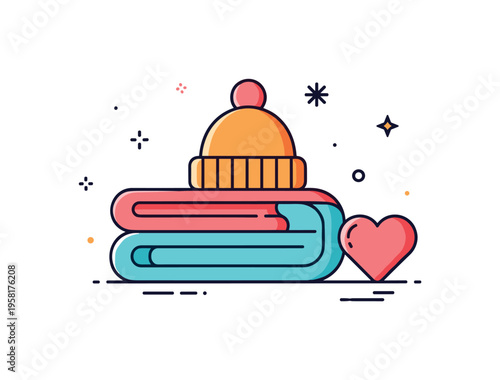 Winter aid for the homeless shown through a folded blanket and warm hat placed beside a subtle heart symbol, representing seasonal protection and empathy
