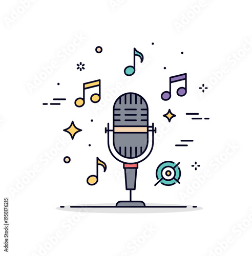 Band vocal tryout concept centered on a microphone surrounded by floating music notes and a tiny star accent. Lively musical illustration symbolizing