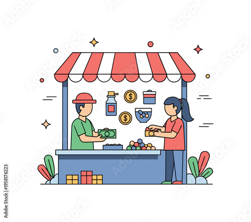 Market trade activity small market stall where a vendor exchanges goods with a customer while coins and product icons appear between them. The scene captures