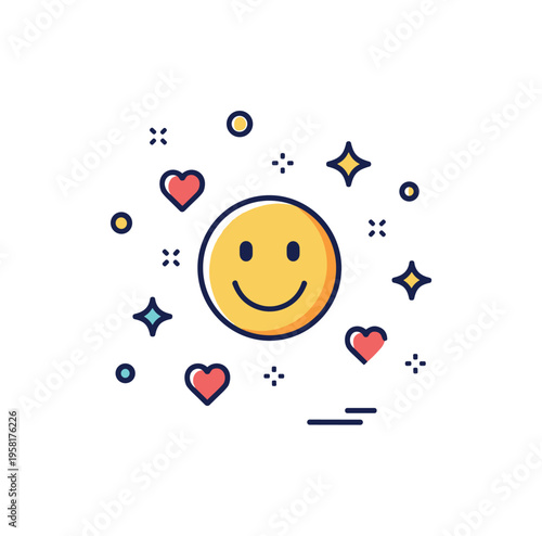 Joyful bliss moment centered on a simple smiling face icon surrounded by small stars and heart shapes. Friendly emotional scene representing pure happiness and