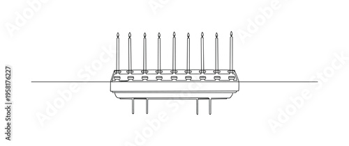 Row of Church Candles. Minimalistic one-line drawing multiple thin church candles aligned in a prayer stand inside a sanctuary, continuous single black line on