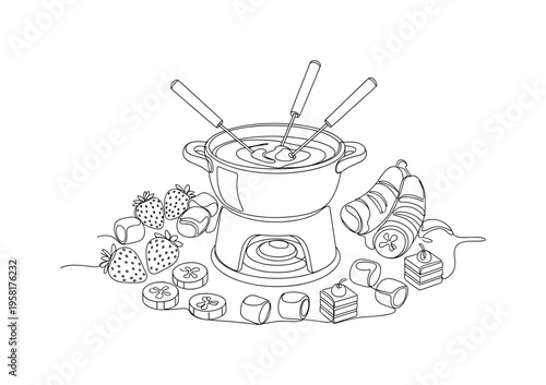 Dessert Fondue Set. Minimalistic one-line drawing elegant chocolate fondue pot with assorted treats for dipping, continuous single black line on