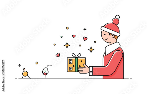 Seasonal surprise delivery with a person holding a holiday themed parcel while tiny heart and star accents float around the package. The composition conveys