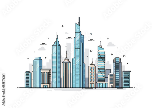 Urban vertical architecture slim skyscrapers with clean geometric facades and reflective windows emphasizing the idea of building upward in crowded city