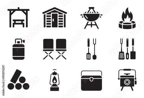 Collection of outdoor recreation and barbecue icons set, black and white graphic symbols