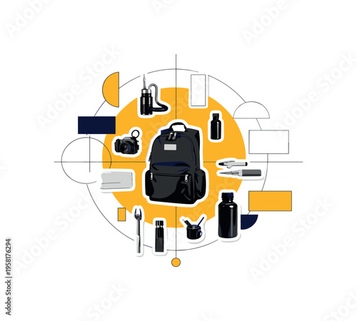 conceptual survival kit collage with a black and white backpack and small emergency tools arranged around it, white cut-out outline effect around the objects,
