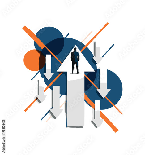black-and-white business leader standing firmly on a rising arrow while surrounding arrows point downward as the main object, abstract geometric circles and