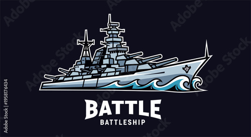 A stylized cartoon illustration of a powerful battleship sailing on ocean waves, with the word BATTLESHIP prominently displayed below.